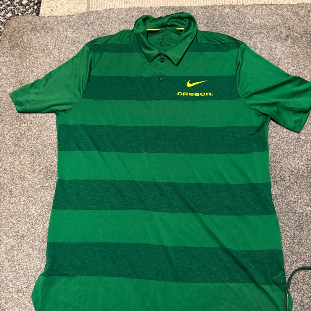Nike Men's Striped Green Polo with Yellow Logo